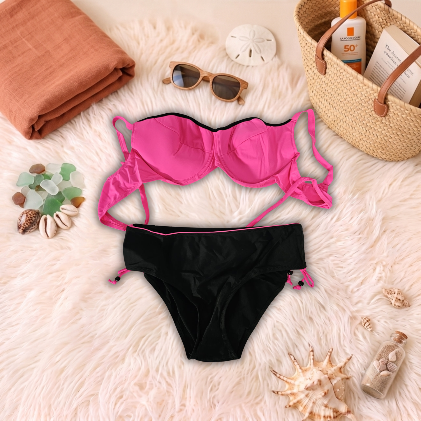 Costum de baie doua piese Negru si Fucsia C18-9