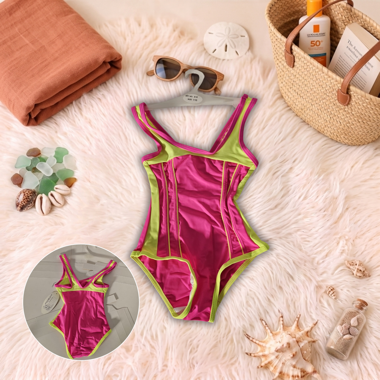 Costum de baie întreg Fucsia și Galben S12