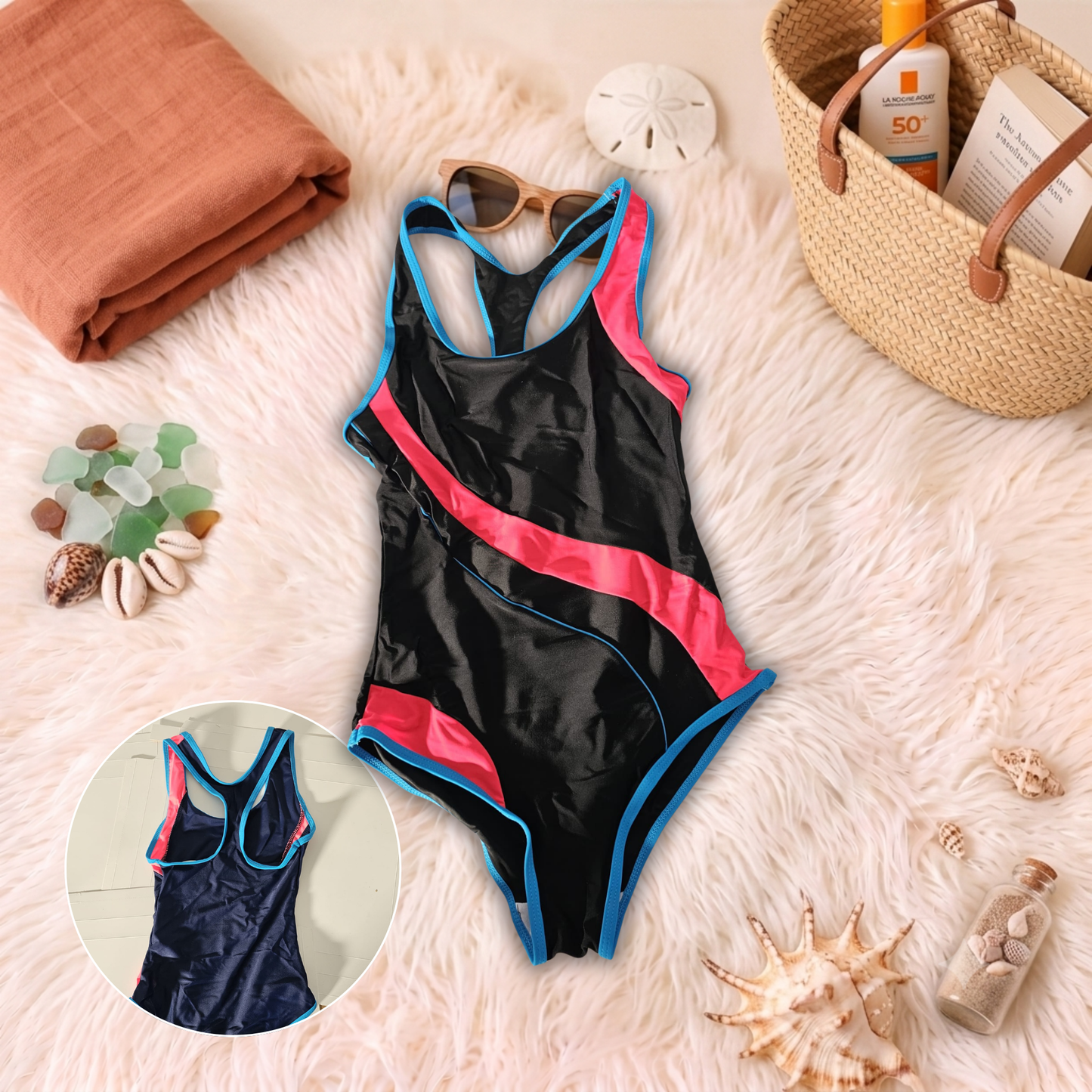 Costum de baie întreg Negru si Roz S14