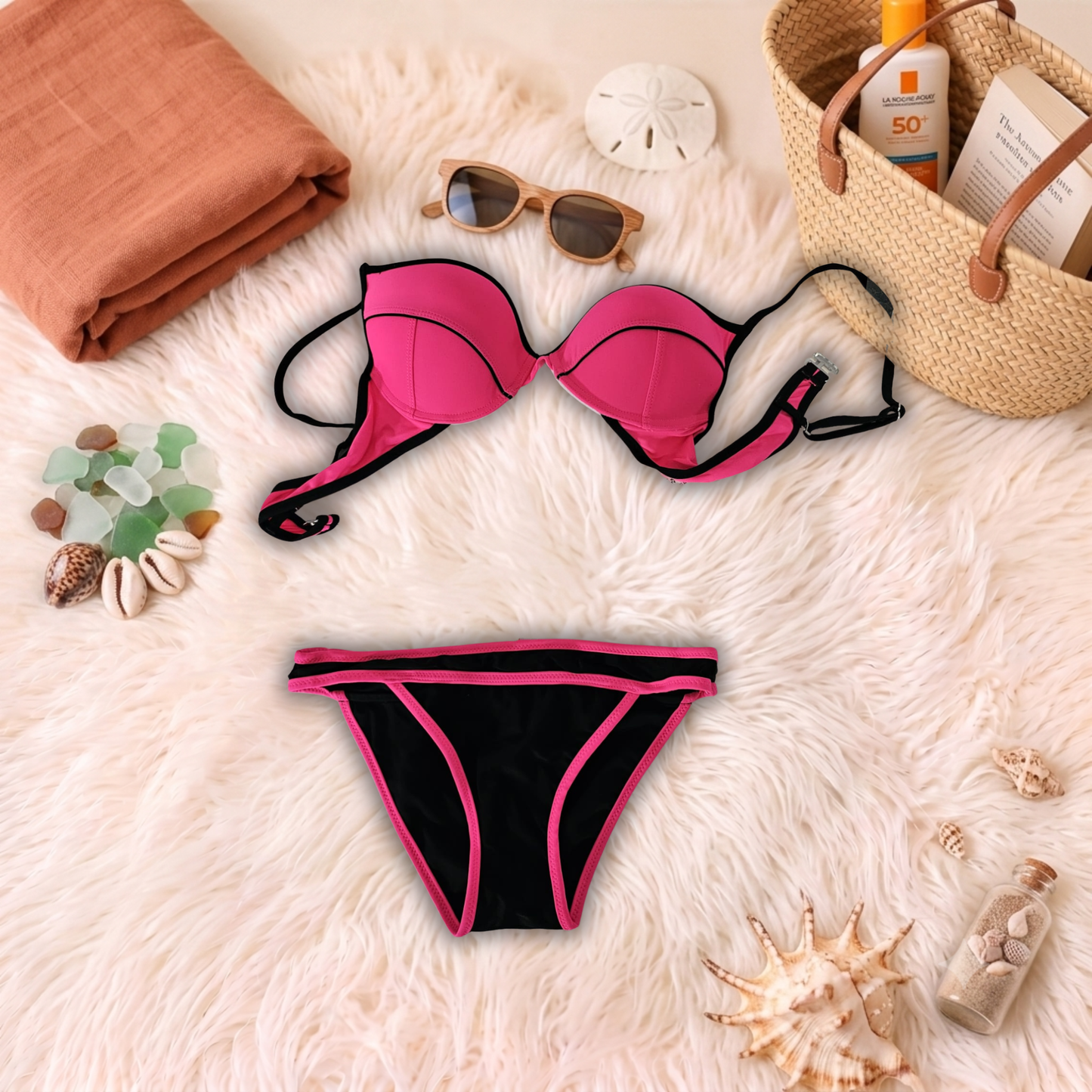 Costum de baie doua piese Negru si Roz S0928