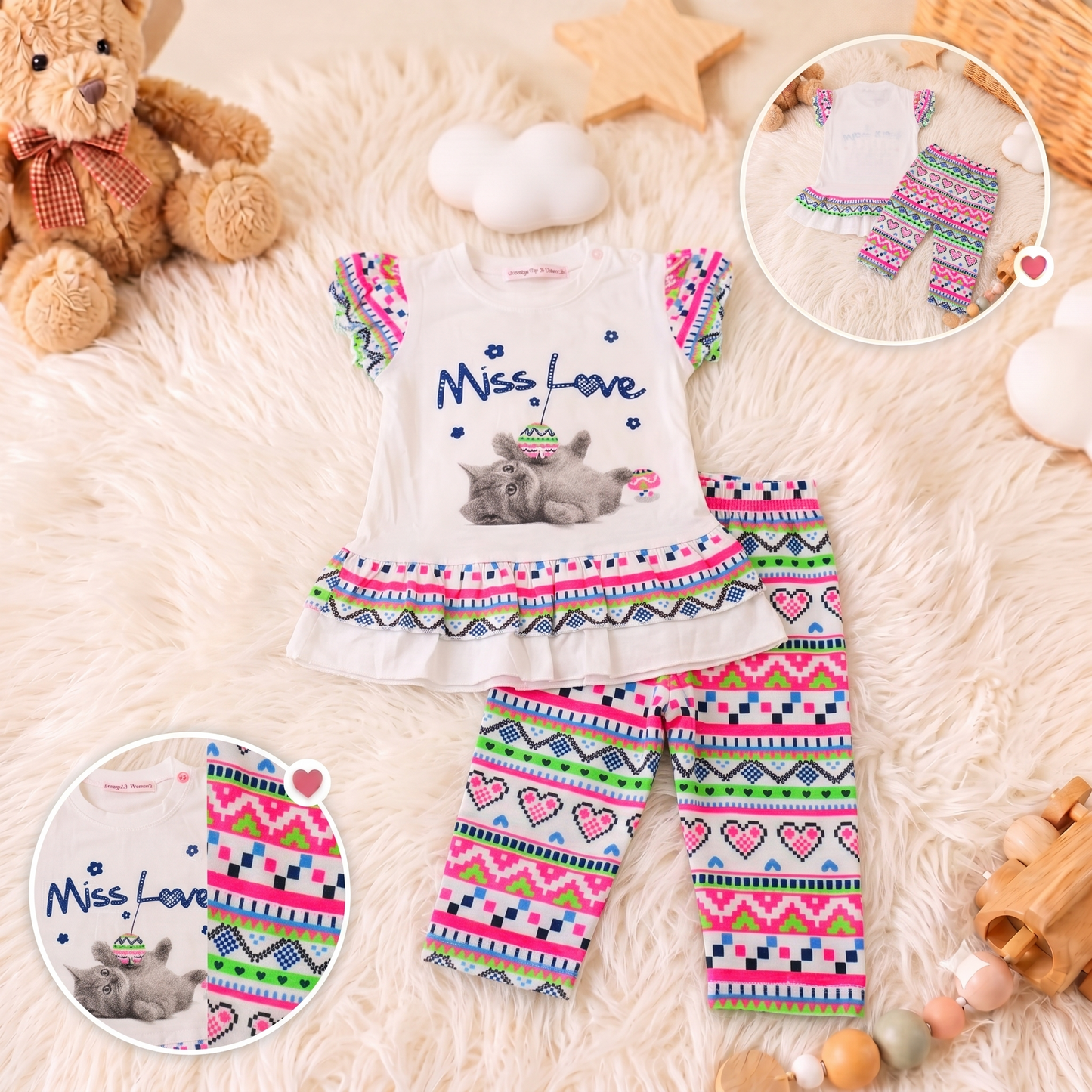 Set Casual pentru Fetițe, Tricou cu Volănașe și Pantalonași cu Imprimeu Alb HR-1335