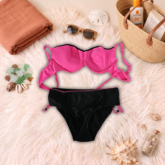 Costum de baie doua piese Negru si Fucsia C18-9