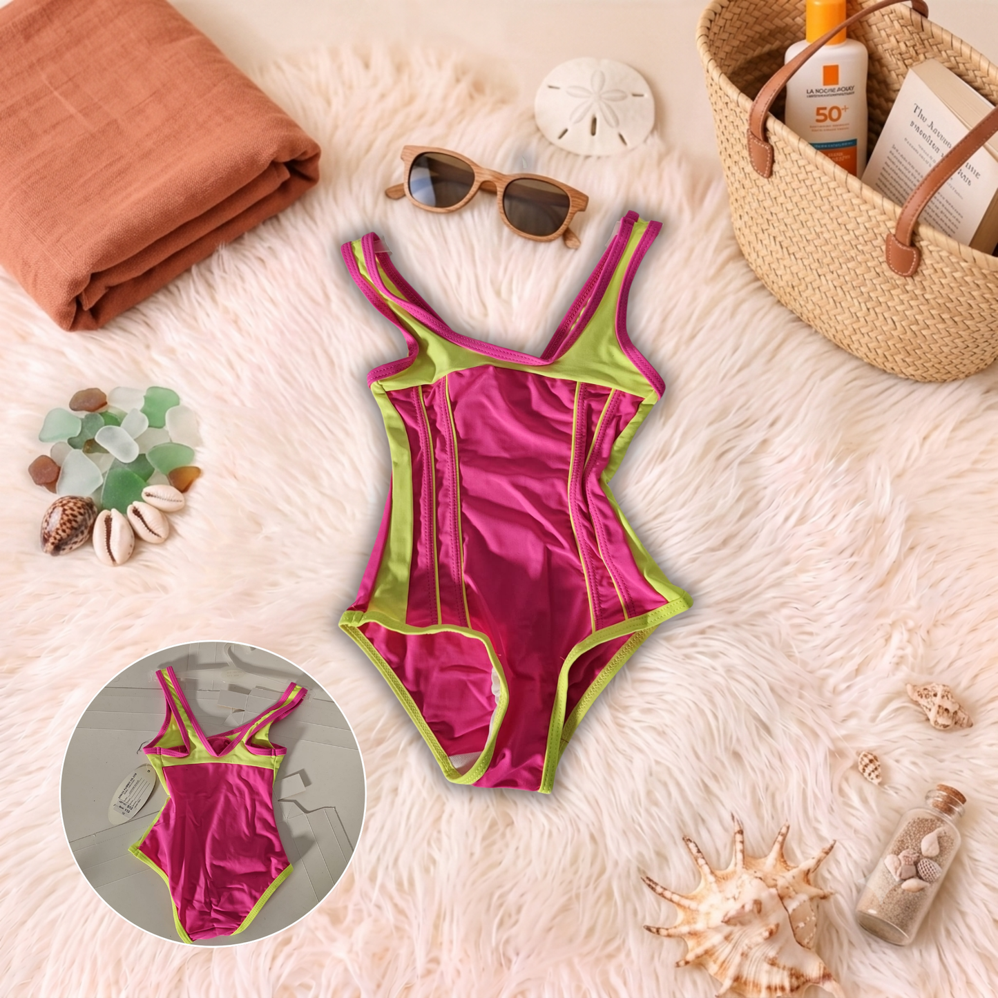 Costum de baie întreg Roz și Verde Neon S12