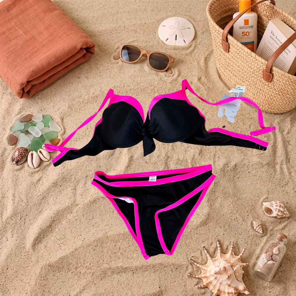 Costum de baie doua piese Negru cu Fucsia C17-7