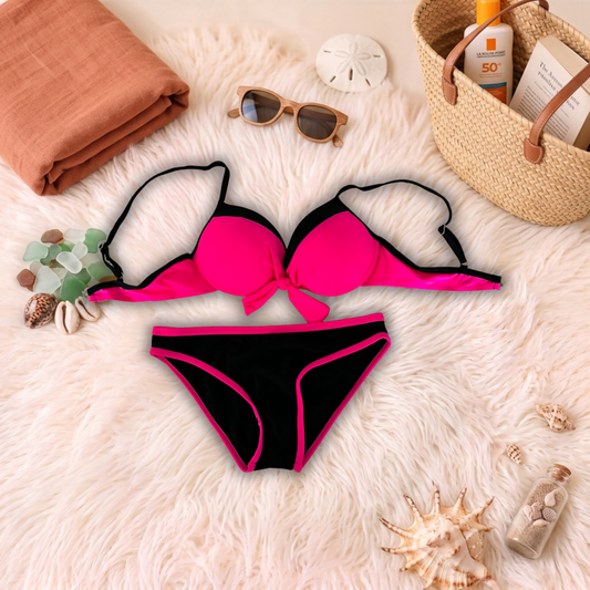 Costum de baie doua piese Negru si Fucsia C17-6