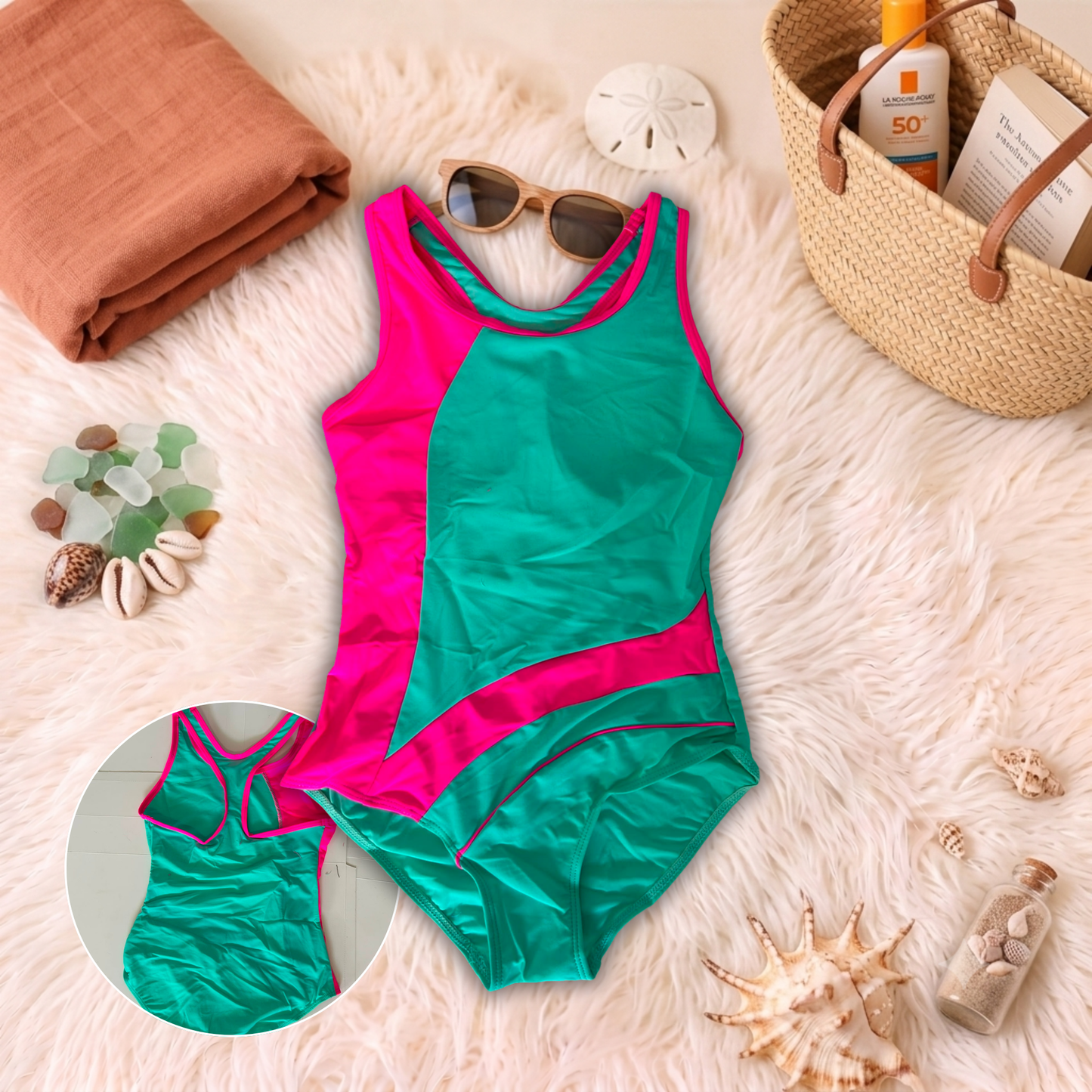 Costum de baie întreg Turcoaz si Roz S17-19
