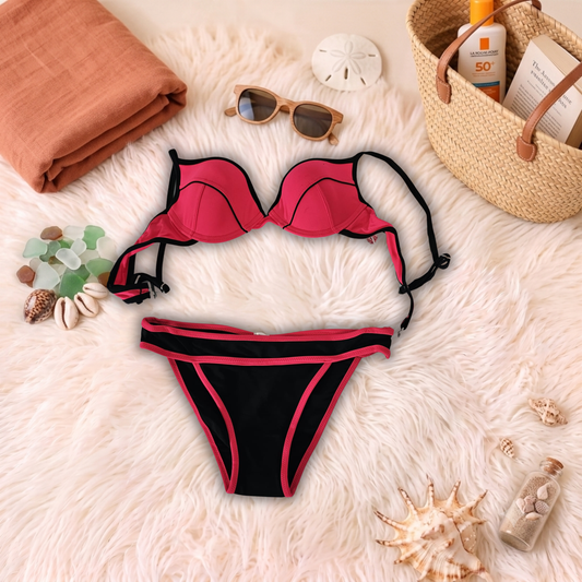 Costum de baie doua piese Negru si Fucsia S0928