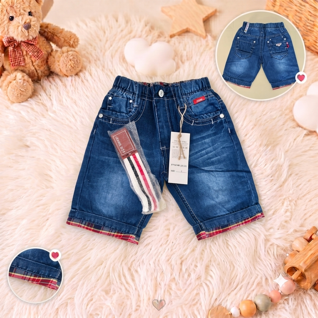 Pantaloni Casual pentru Copii Stil Denim si carouri cu Curea Textila HR-1282