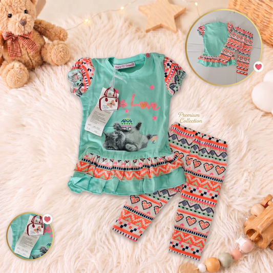Set Casual pentru Fetițe, Tricou cu Volănașe și Pantalonași cu Imprimeu Turcoaz HR-1335