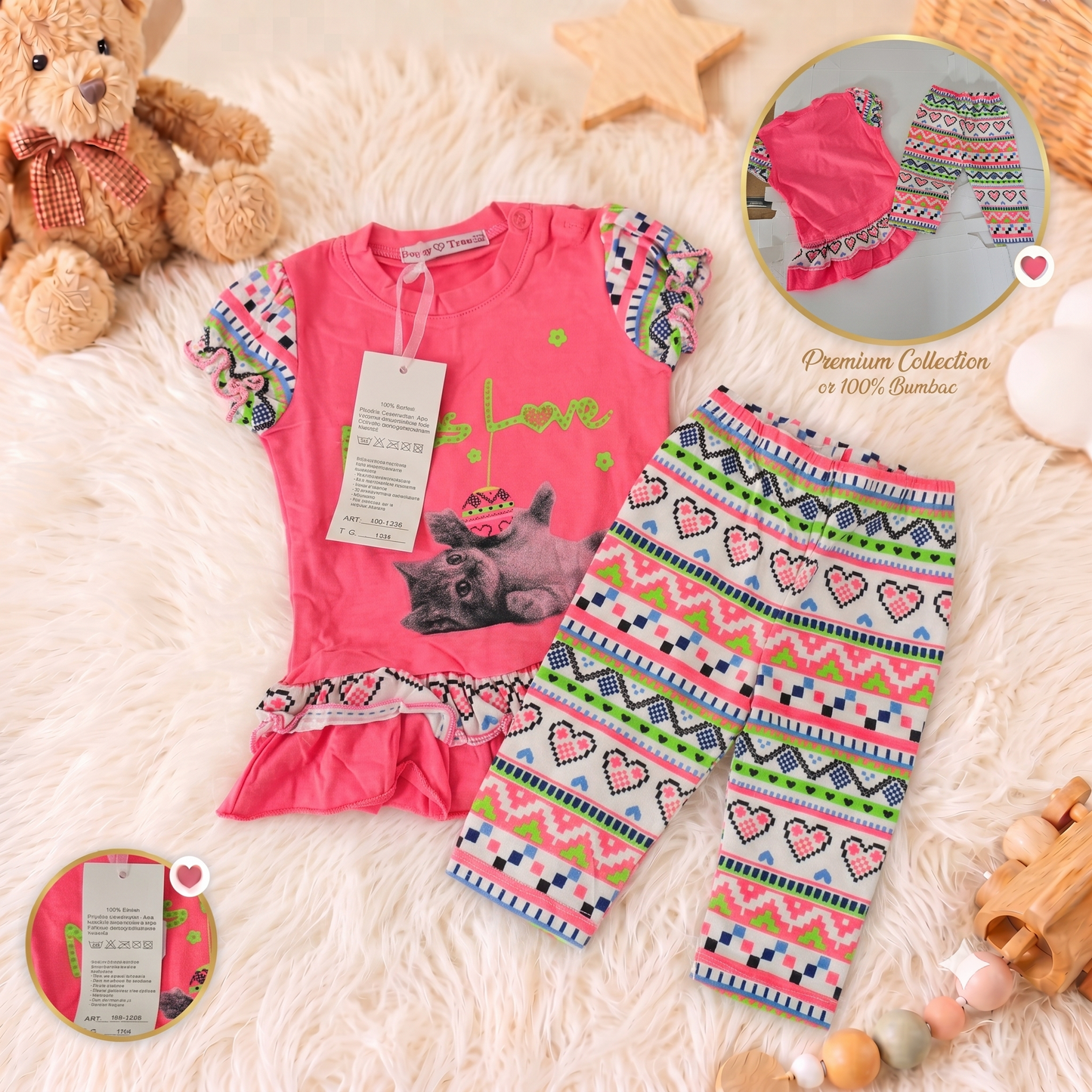 Set Casual pentru Fetițe, Tricou cu Volănașe și Pantalonași cu Imprimeu Roz HR-1335